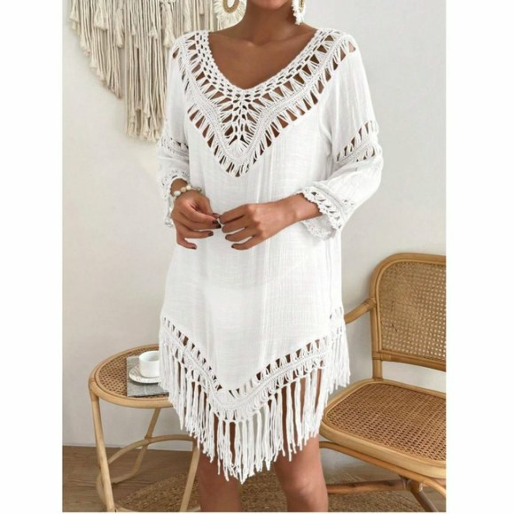 NWOT Boho Crochet Fringe Hem Cover Up Dress White large - Picture 4 of 12
